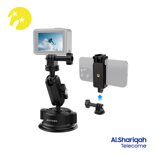 Porodo 2in1 Mobile and Camera Mount with Suction Base - Black